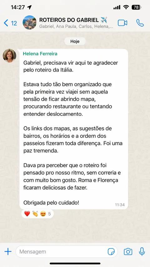 Mensagem sobre roteiro personalizado: Helena Ferreira