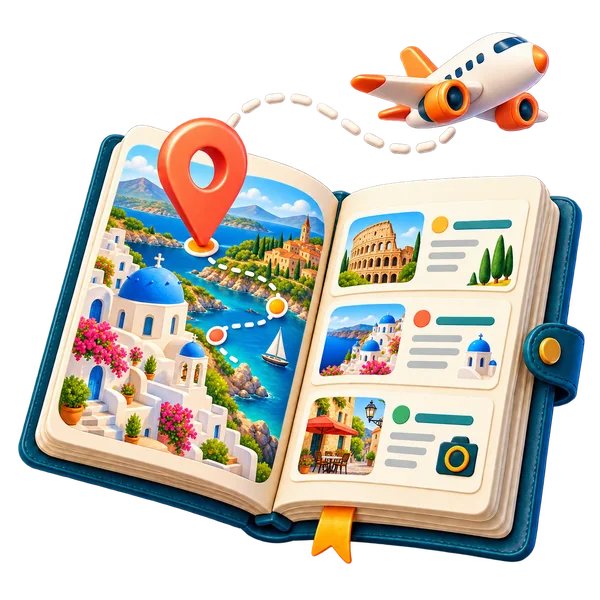 Livro aberto com avião e destinos europeus